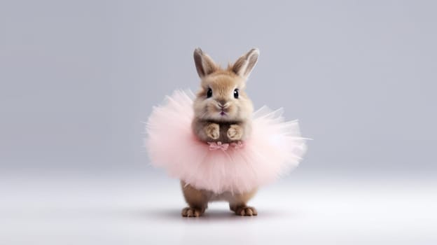 An adorable lop-eared rabbit in a fluffy pink tutu, posed against a white background. This charming image is perfect for Easter celebrations, pet stores, and animal-themed decorations.