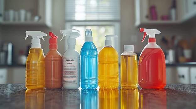 Colorful Variety Of Plastic And Refillable Bottles With Cleaning Liquids On Kitchen Countertop