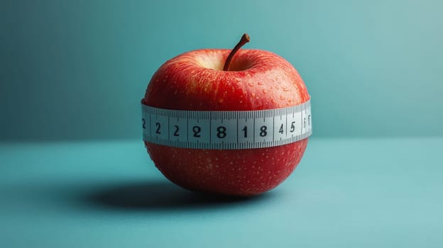 Red Apple Wrapped With Measuring Tape on Blue Background Concept for Weight Loss, Healthy Eating
