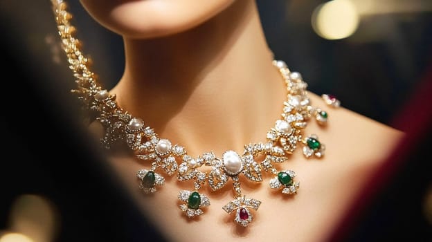 Woman adorned with an emerald necklace and matching earrings poses gracefully, exuding luxury and timeless elegance idea