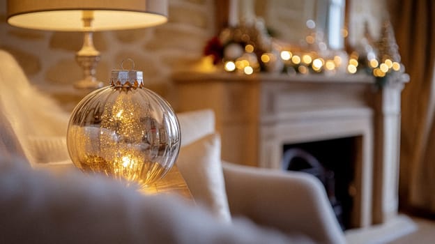 Christmas, holiday decor and country cottage style, cosy atmosphere, decorated Christmas tree in the English countryside house living room with fireplace, interior decoration idea