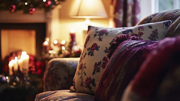 Christmas, holiday decor and country cottage style, cosy atmosphere, decorated Christmas tree in the English countryside house living room with fireplace, interior decoration idea
