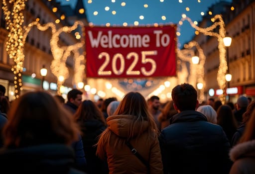 A festive city square is adorned with strings of lights, holiday decorations, and a large banner that says Welcome to 2025! Crowds of people, dressed in warm coats, gather to celebrate, their laughter filling the air as they welcome the new year. High quality photo
