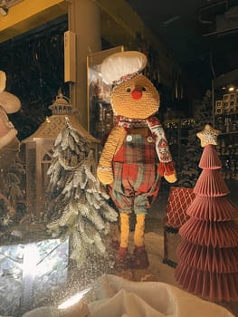 Aesthetic Warm Vintage Shop Window Photo with Snowman for Christmas. High quality photo
