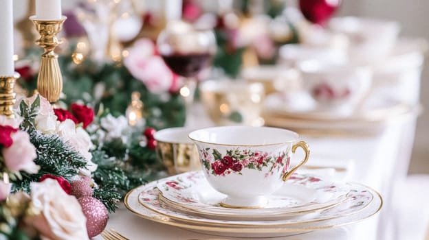Christmas tablescape decoration, formal family dinner holiday celebration, luxury table setting decor, English country and home style idea