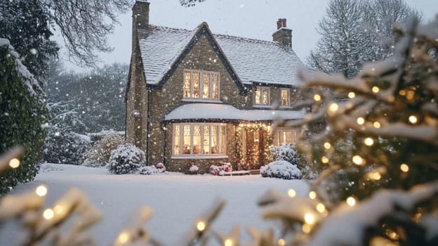 Christmas in the countryside, cottage decorated for holidays on a snowy winter evening with snow and holiday lights, English country styling inspiration