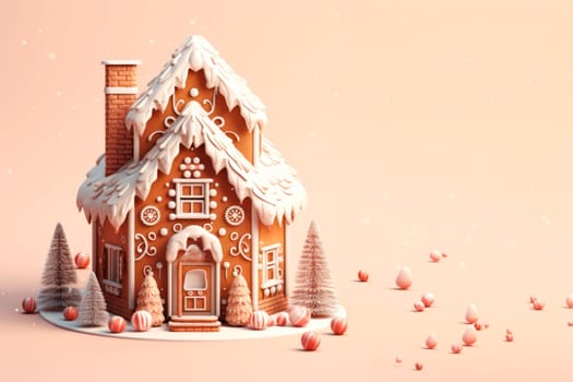 A beautiful gingerbread house on a delicate light background. Mockup. Copy space.