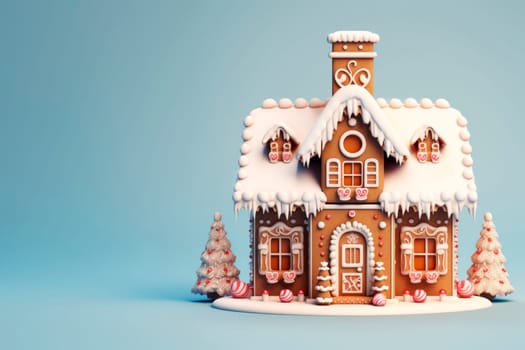 A beautiful gingerbread house on a delicate light background. Mockup. Copy space.