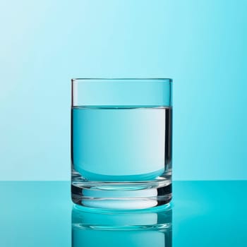 A glass of clean drinking water on a light blue background.