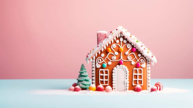 A beautiful gingerbread house on a delicate light background. Mockup. Copy space.