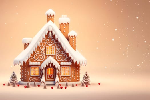 A beautiful gingerbread house on a delicate light background. Mockup. Copy space.