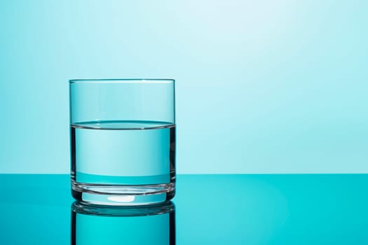 A glass of clean drinking water on a light blue background.