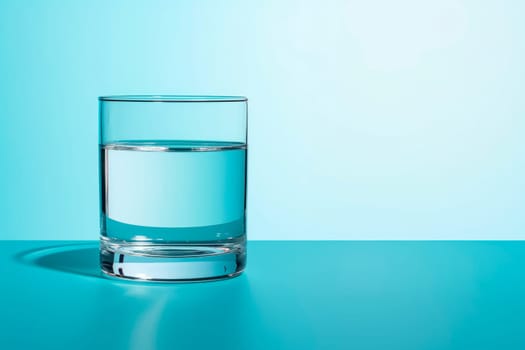 A glass of clean drinking water on a light blue background.