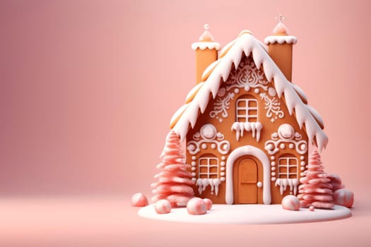 A beautiful gingerbread house on a delicate light background. Mockup. Copy space.