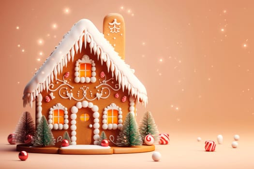 A beautiful gingerbread house on a delicate light background. Mockup. Copy space.