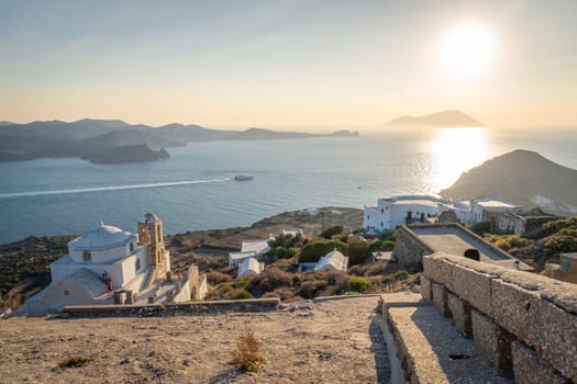 Panoramic view of Plaka, Milos, at sunset