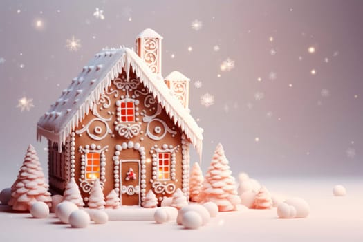 A beautiful gingerbread house on a delicate light background. Mockup. Copy space.