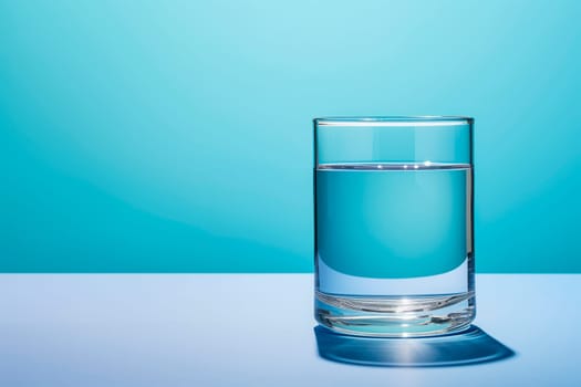 A glass of clean drinking water on a light blue background.