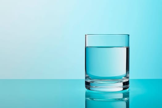 A glass of clean drinking water on a light blue background.