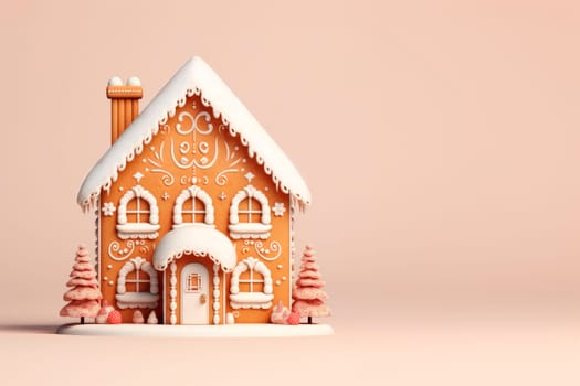 A beautiful gingerbread house on a delicate light background. Mockup. Copy space.