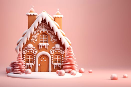 A beautiful gingerbread house on a delicate light background. Mockup. Copy space.