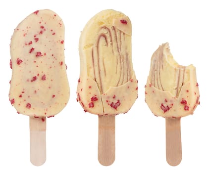 Two ice creams on a stick with and without chocolate icing on a white isolated background. Ice cream mockup with and without glaze. High quality photo