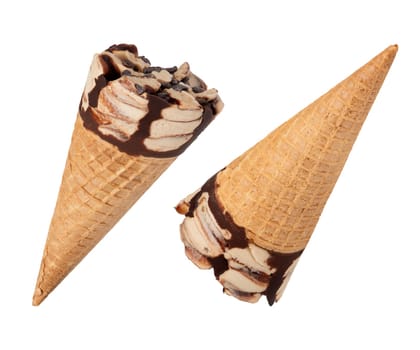 Two ice creams in a waffle cup with on a white isolated background. Ice cream in the shape of a heart with chocolate flavor from different sides on white