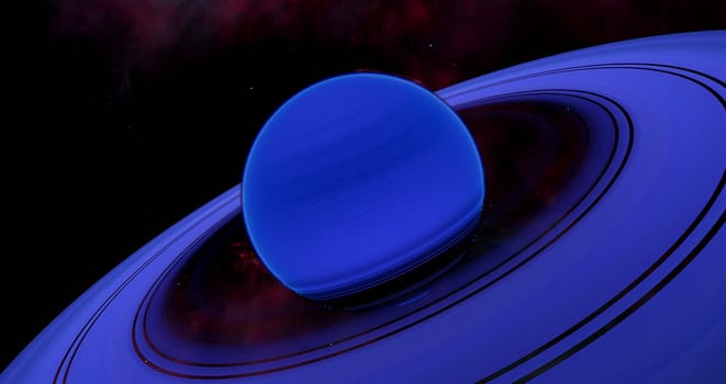 This blue warm neptune planet with a ring system is an exoplanet outside our solar system.