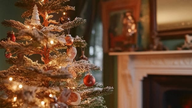 Christmas, holiday decor and country cottage style, cosy atmosphere, decorated Christmas tree in the English countryside house living room with fireplace, interior decoration idea