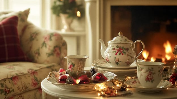 Christmas, holiday decor and country cottage style, cosy atmosphere, decorated Christmas tree in the English countryside house living room with fireplace, interior decoration idea