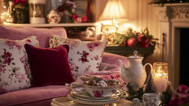 Christmas, holiday decor and country cottage style, cosy atmosphere, decorated Christmas tree in the English countryside house living room with fireplace, interior decoration idea