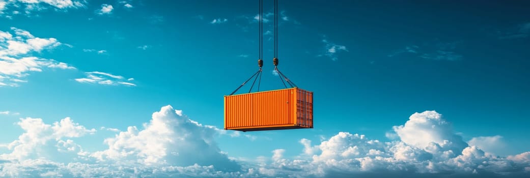 Cargo container elevated by crane under a cloudy blue sky in photorealistic style