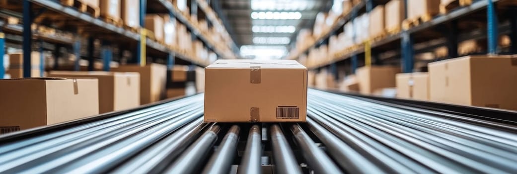 Cardboard Box on Conveyor Belt in Distribution Warehouse for E-commerce and Logistics