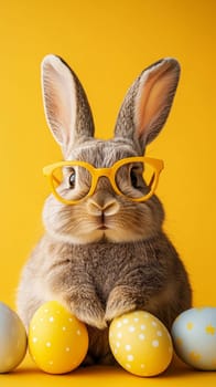 Adorable Easter Bunny Wearing Yellow Glasses And Pastel Easter Eggs, Easter Holiday Greetings
