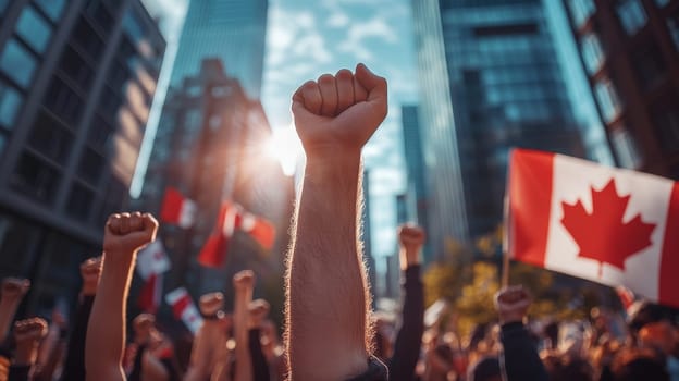 United in Protest Crowd Raises Fists in Solidarity Under the Canadian Flag in Urban Setting