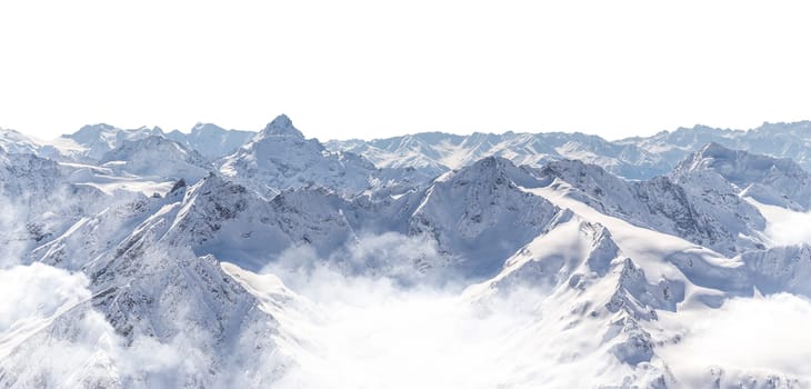 Panorama of winter mountains covered in snow isolated on white background. Mountain peaks in winter