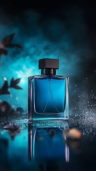 A blue perfume bottle reflecting a moody, atmospheric background.