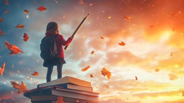A child stands on books, holding a pencil, gazing at a sunset.