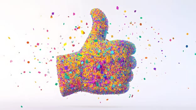 A colorful thumbs-up symbol made of confetti particles.