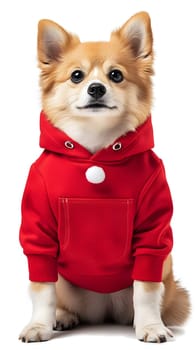 A corgi wearing a red hoodie with a pocket and pom-pom.