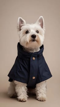 A cute dog wearing a navy raincoat, posed against a neutral background.