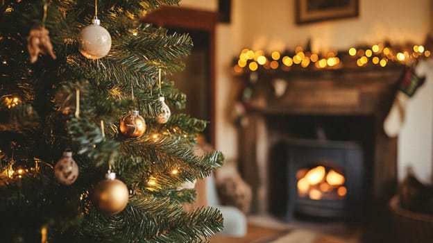 Christmas, holiday decor and country cottage style, cosy atmosphere, decorated Christmas tree in the English countryside house living room with fireplace, interior decoration idea