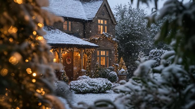 Christmas in the countryside, cottage decorated for holidays on a snowy winter evening with snow and holiday lights, English country styling inspiration