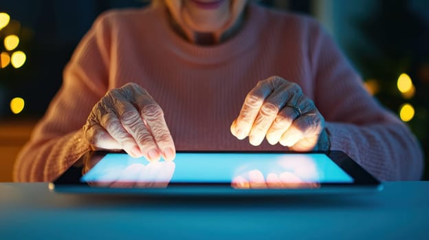 An Elderly woman hands gently touching tablet screen, illuminated softly