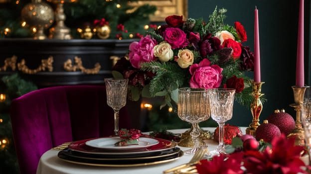 Christmas tablescape decoration, formal family dinner holiday celebration, luxury table setting decor, English country and home style idea
