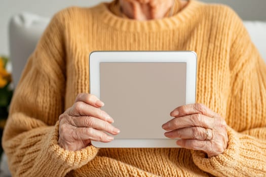 An Elderly hands holding tablet, showcasing technology use in daily life. warm sweater adds cozy touch to scene