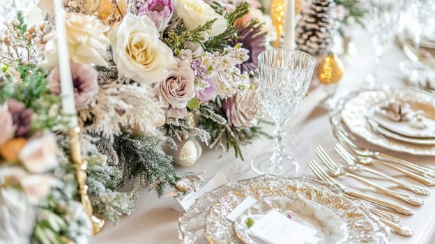 Christmas tablescape decoration, formal family dinner holiday celebration, luxury table setting decor, English country and home style idea