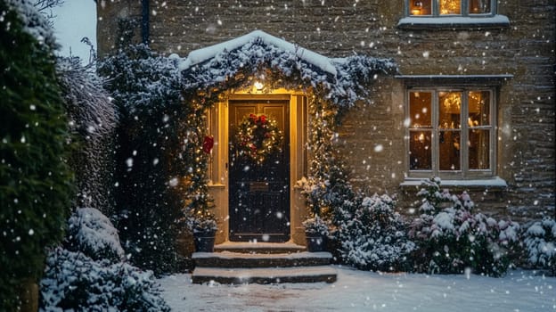 Christmas in the countryside, cottage decorated for holidays on a snowy winter evening with snow and holiday lights, English country styling inspiration