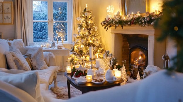 Christmas, holiday decor and country cottage style, cosy atmosphere, decorated Christmas tree in the English countryside house living room with fireplace, interior decoration idea