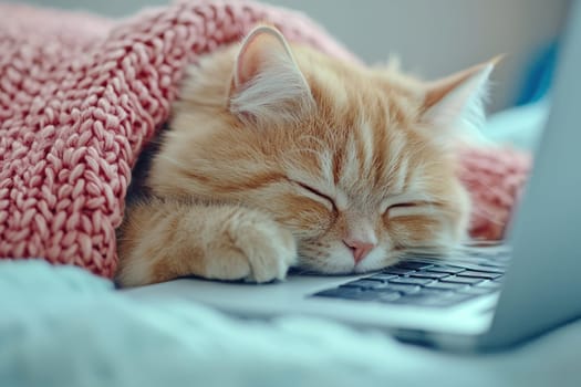 A Sleeping cat resting on laptop, cozy under pink blanket, exuding warmth and comfort